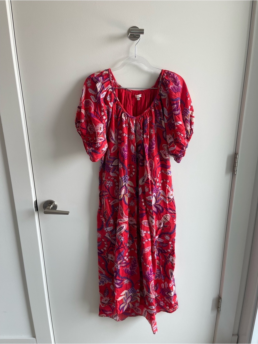 Sundry Red Floral Puff-Sleeve Midi Dress